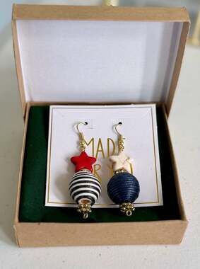Patriotic Red White & Blue Mismatched Star & Striped Bead Drop Earrings